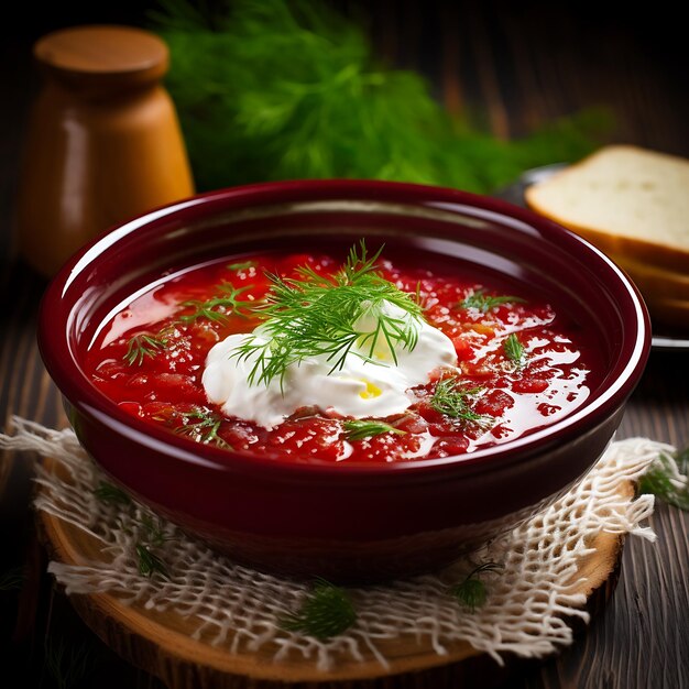 Traditioneller polnischer Borscht mit Sauerkrem und Dill auf Holzgrund