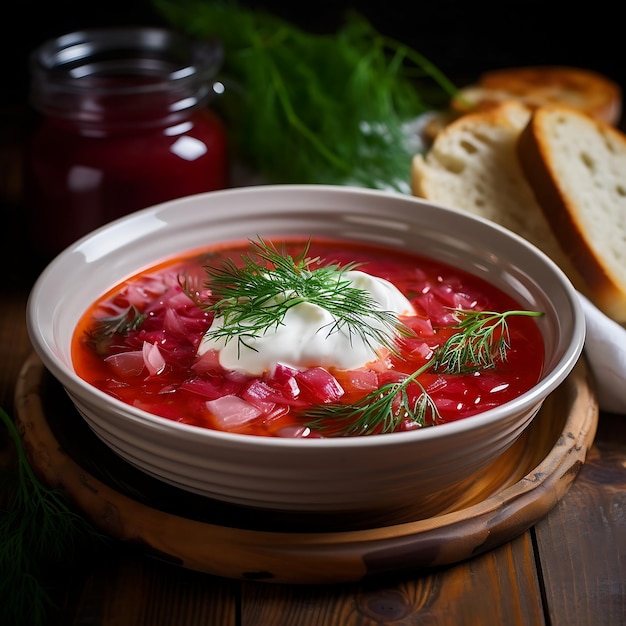 Foto traditioneller polnischer roter borscht mit sauerkrem und dill