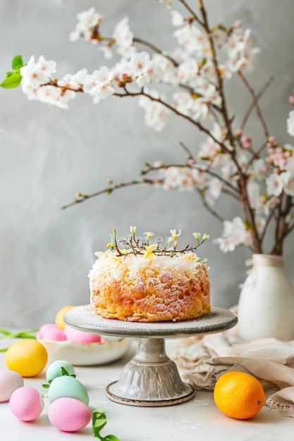 Traditioneller russischer Osterkuchen auf einem hellen Hintergrund Kopierraum Traditioneller Osterfeiertag