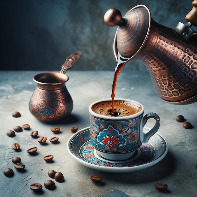 Traditioneller türkischer Kaffee, der in eine dekorative Tasse gegossen wird