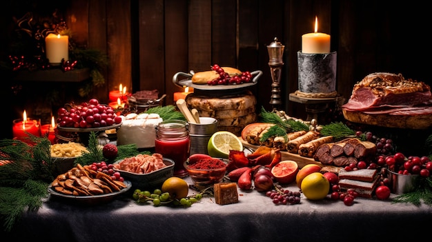 traditioneller Weihnachtstisch mit Früchten und Snacks