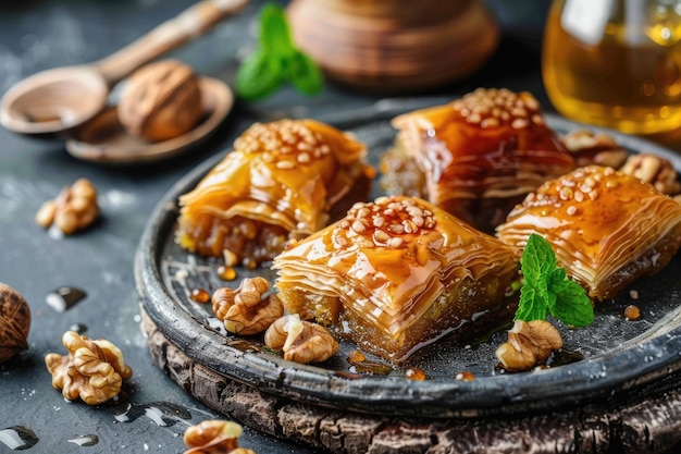 Traditionelles arabisches Dessert Baklava mit Honig und Walnüssen