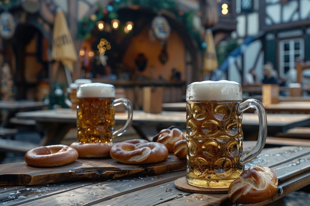 Traditionelles deutsches Bier und Pretzels auf dem Tisch beim Oktoberfest mit festlichem Dekor