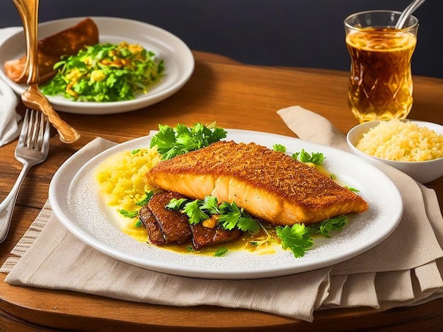 traditionelles deutsches Gericht mit goldenbraunem, knusprigem, gebratenem Kabeljau, ein wunderschön aufgestellter Tisch.