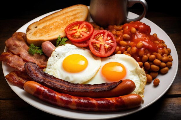 Traditionelles englisches Frühstück mit gebratenen Eiern, Wurst, Bohnen, gegrillten Tomaten und Speck.