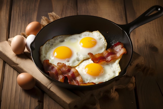 Traditionelles englisches Frühstück mit Spiegeleiern und Speck in Gusseisenpfanne auf dunklem Holzhintergrund Draufsicht AI generiert