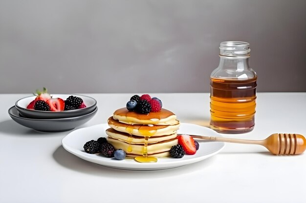 Traditionelles Frühstück mit Pfannkuchen, Honig und Beeren Generative AI