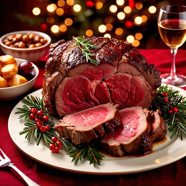 Traditionelles Gourmet-Mahlzeit aus Roastbeef mit weihnachtlicher Weihnachtsdekoration zum Feiern von Hol