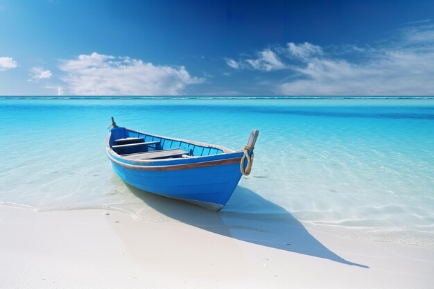 Traditionelles Holzboot am Strand mit blauem Himmel, Reiseparadies