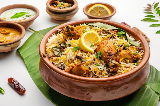 Traditionelles Hühnerbiryani im Kerala-Stil mit Beilagen auf weißem Hintergrund