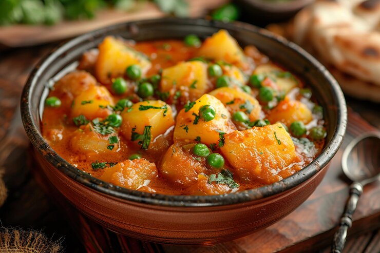 Foto traditionelles indisches aloo mutter curry mit kartoffeln und erbsen