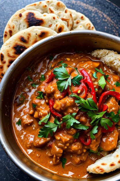 Foto traditionelles indisches curry mit reis und frischem nann-brot