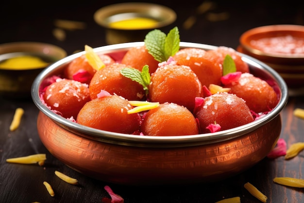 Traditionelles indisches Essen, süße Gulab Jamun-Bälle mit Minzblättern in einer Metallplatte