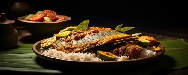 Traditionelles indisches Fischcurry mit Tapioca und würzigen Gewürzen im Kerala-Stil, serviert auf einem Bananenblatt, auch bekannt als Kappa oder Maniok mit Sardinenmasala, diese asiatische Küche