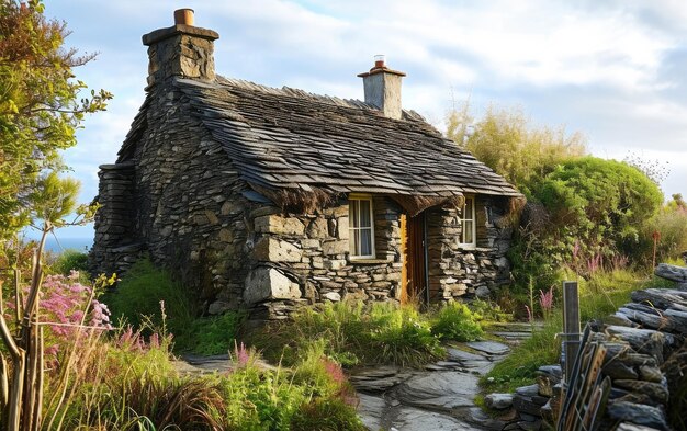 Traditionelles irisches Cottage mit einem Strohdach