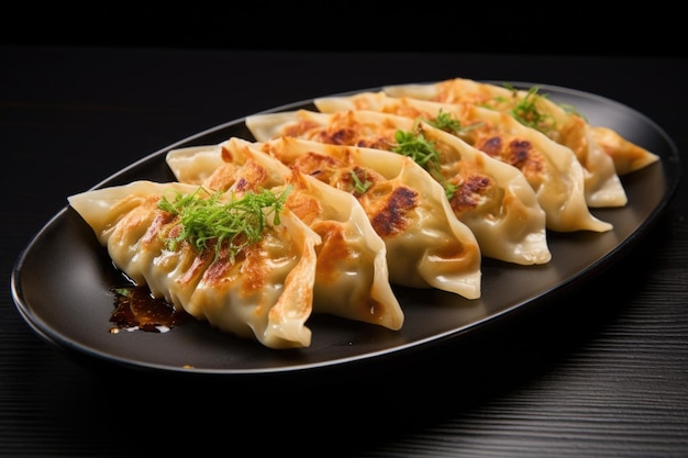 Traditionelles japanisches Gericht Gyoza auf einem dunklen Teller in Nahaufnahme