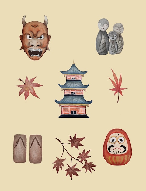 Foto traditionelles japanisches set aquarellillustration