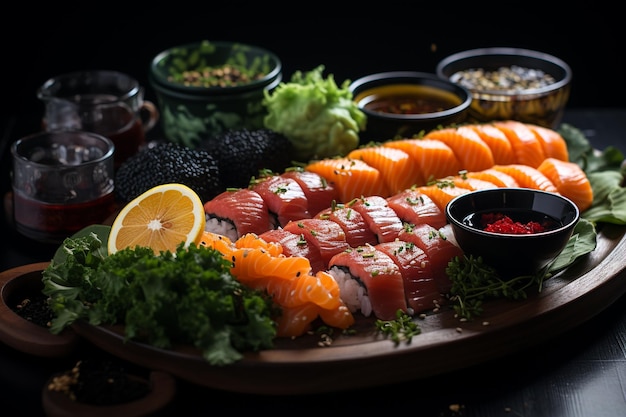 Traditionelles japanisches Sushi-Gericht aus mit Reisessig oder Salz behandeltem Reis und verschiedenen Füllungen oder Schichten, die hauptsächlich aus Meeresfrüchten bestehen, aber auch Fleisch, Gemüse und Seetang enthalten können