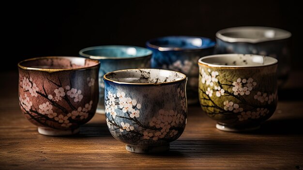 Traditionelles japanisches Teetassen-Set mit Blumenmuster