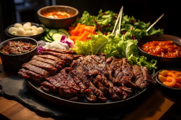 Traditionelles koreanisches Barbecue mit gegrilltem Fleisch und Salat-Wraps