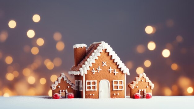 Traditionelles Lebkuchenhaus, hausgemachte, süß dekorierte Weihnachtsplätzchen mit Zuckerguss