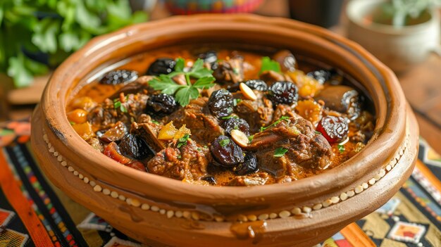 Traditionelles marokkanisches Lammtagine mit getrockneten Früchten und Mandeln, serviert in einem Lehmtopf auf ethnischer Weise