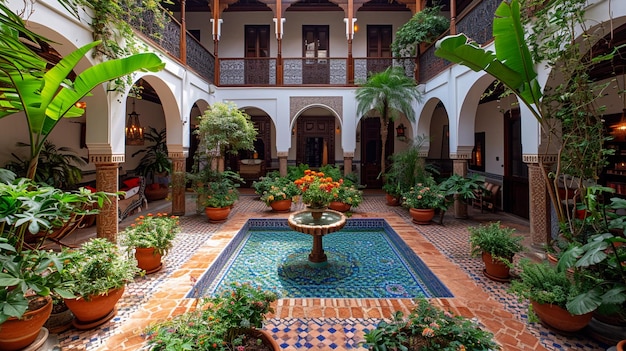 Traditionelles marokkanisches Riad mit einem aufwendigen Garten im Innenhof