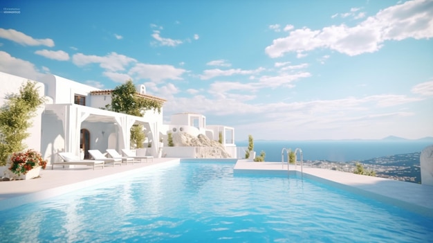 Traditionelles mediterranes weißes Haus mit generativer Pool-Klimaanlage
