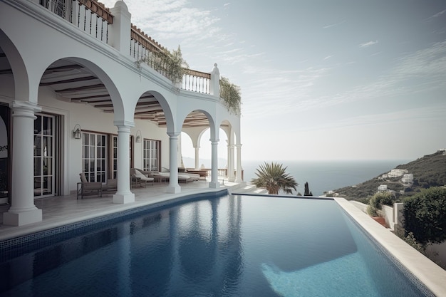 Traditionelles mediterranes weißes Haus mit Pool auf einem Hügel mit atemberaubendem Meerblick