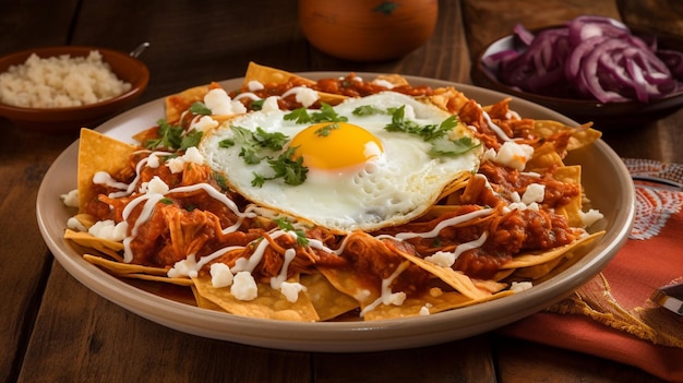 Traditionelles mexikanisches Chilaquiles-Frühstück, erstellt mit generativer KI-Technologie