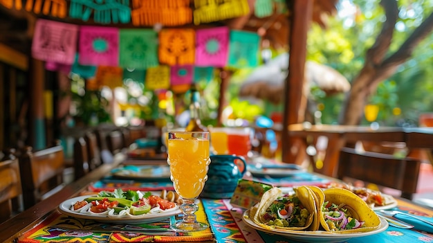 Traditionelles mexikanisches Fest, frische Tacos, Cinco De Mayo, lebendiges festliches Tischdekor, KI-generiert