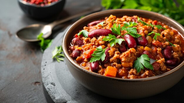 Foto traditionelles mexikanisches gericht chili con carne mit hackfleisch und roten bohnen generative ai