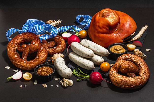 Foto traditionelles oktoberfest-set, brezeln, geräucherte schweinshaxe, eisbein mit hopfen