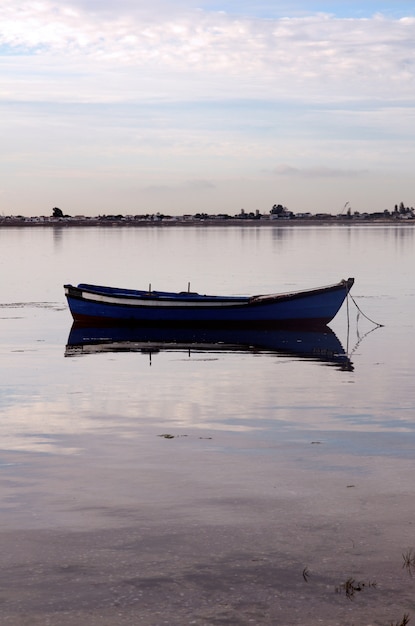 Traditionelles portugiesisches Fischerboot verankert auf einer Bucht nahe Marim