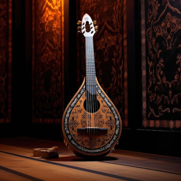 Traditionelles russisches Musikinstrument Mandoline auf einem Holztisch in einem dunklen Raum