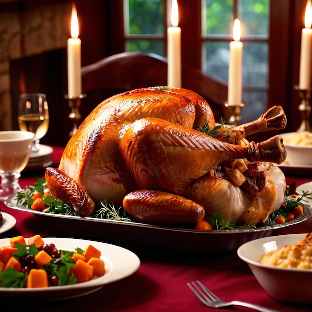 Traditionelles Thanksgiving-Mahl mit gebratener Truthahn, eine festliche Tradition, die man mit der Familie teilt