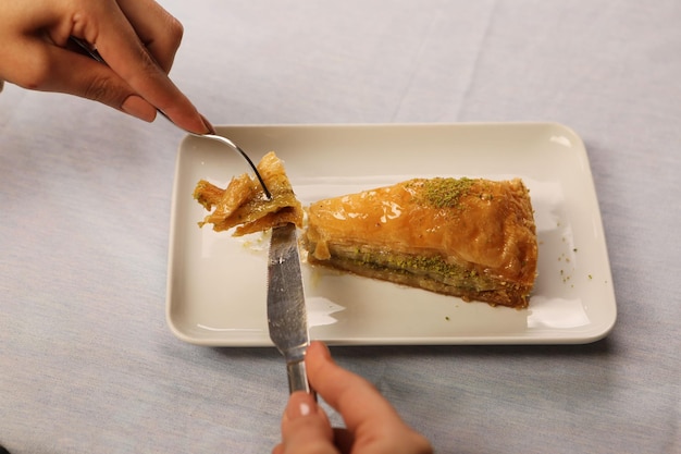 Traditionelles türkisches Dessert Baklava mit Cashewnüssen, Walnüssen. Hausgemachtes Baklava mit Nüssen und Honig.