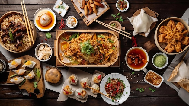 Traditionelles und gesundes asiatisches Essensmenü mit Essstäbchen, Nudeln, Hühnerknödeln, Sojareis usw