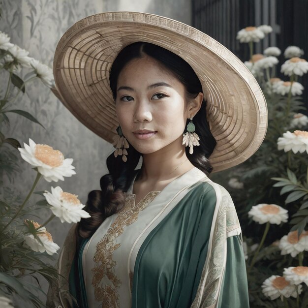 Foto traditionelles vietnamesisches frauenporträt im dunkelgrünen und grauen stil