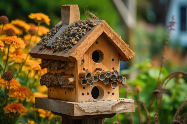 Traditionelles Vogelhaus mit ein paar Samen, hergestellt mit generativer KI