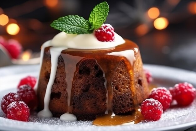 Traditionelles Weihnachtspudding und Obstkuchen Festliches Feiertags-Dessert, das mit einem generativen KI-Tool erstellt wurde