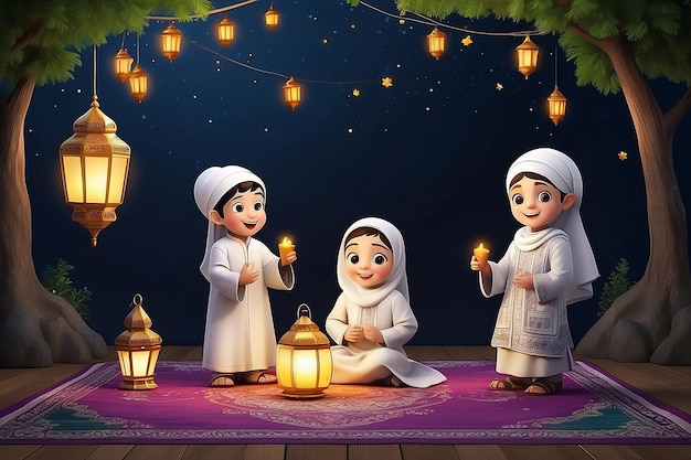 Tradução Feliz Eid al Fitr Feliz Crianças Muçulmanas Celebrando o Eid com 3D