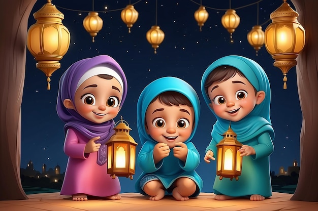 Tradução Feliz Eid al Fitr Feliz Crianças Muçulmanas Celebrando o Eid com 3D