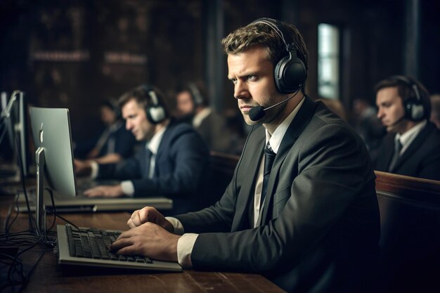 Foto traducción multilingüe en vivo en tiempo real traductor humano sentado frente a una computadora está haciendo langua