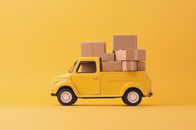 Trägerwagen mit Paketkästen Lieferwagen mit Paketen isoliert auf gelbem Hintergrund AI