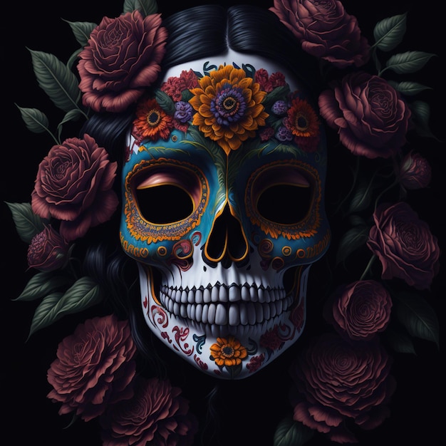 trägt eine Tag-der-Toten-Maske mit leuchtenden Farben und Blumen
