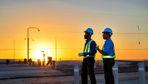 Träume bauen Kostenloses Foto von Bauarbeitern bei Sonnenuntergang Erleben Sie die Kunst des Fortschritts