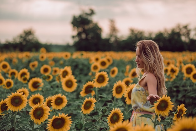Träumende junge Frau im gelben Kleid, das Blumen mit den Händen in einem Feld der Sonnenblumen im Sommer hält, Blick von ihrem Rücken. Zur Seite schauen. Speicherplatz kopieren