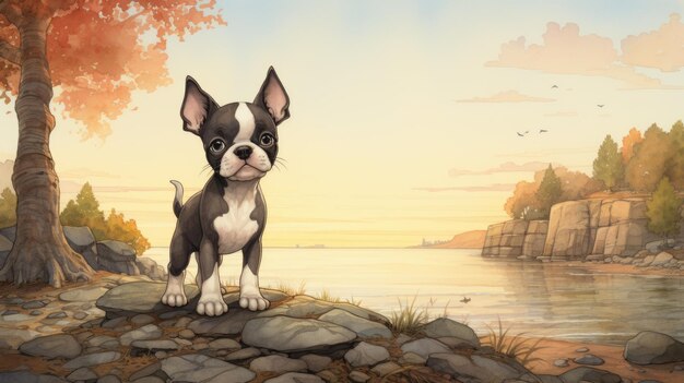 Träumerischer Sunset Animated Boston Terrier in einer nostalgischen Children39s-Buchillustration
