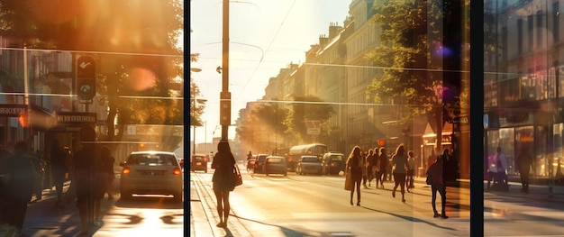 tráfego de carros de rua de verão pessoas andando na rua reflexos solares vista da janela na cidade urbana